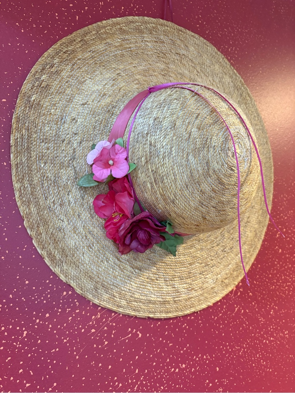 Straw Sun Hat with Pink Ribbon & Floral Trim